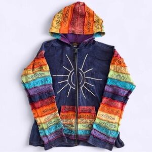 Vintage Rising International Rainbow Patchwork Zip Hoodie XL Nepal Grunge Hippie